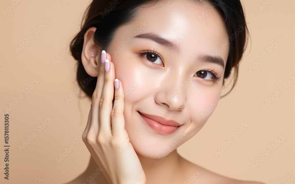 Beautiful young asian woman with clean fresh skin on beige background, Face care, Facial treatment, Cosmetology, beauty and spa, Asian women portrait. High quality Beautiful young asian woman with clean fresh skin on beige background, Face care, Facial treatment, Cosmetology, beauty and spa, Asian women portrait. High quality