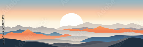 Minimalistic stylized landscape, mountain sunrise and sun, vector illustration, panoramic view
