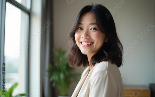 Profile picture of smiling young Vietnamese woman show optimism leadership. Close up headshot portrait of happy millennial asian 20s female renter or tenant pose look at camera in own flat apartment.