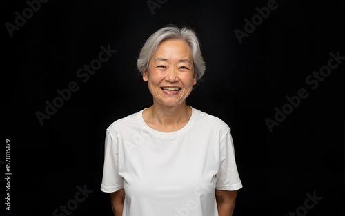 east asian elderly woman black background wearing plain white tshirt smiling happy portrait. High quality photo