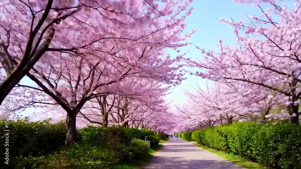 Pink cherry blossoms line a pathway Pink cherry blossoms line a pathway