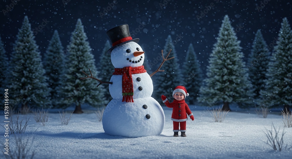 Fototapeta premium Joyful Child Wearing Red Santa Costume Standing Next to Snowman in Snowy Forest During Night
