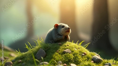 Charming Rodent Perched on Mossy Knoll in Sun-Dappled Forest: A Whimsical Cartoon Delight