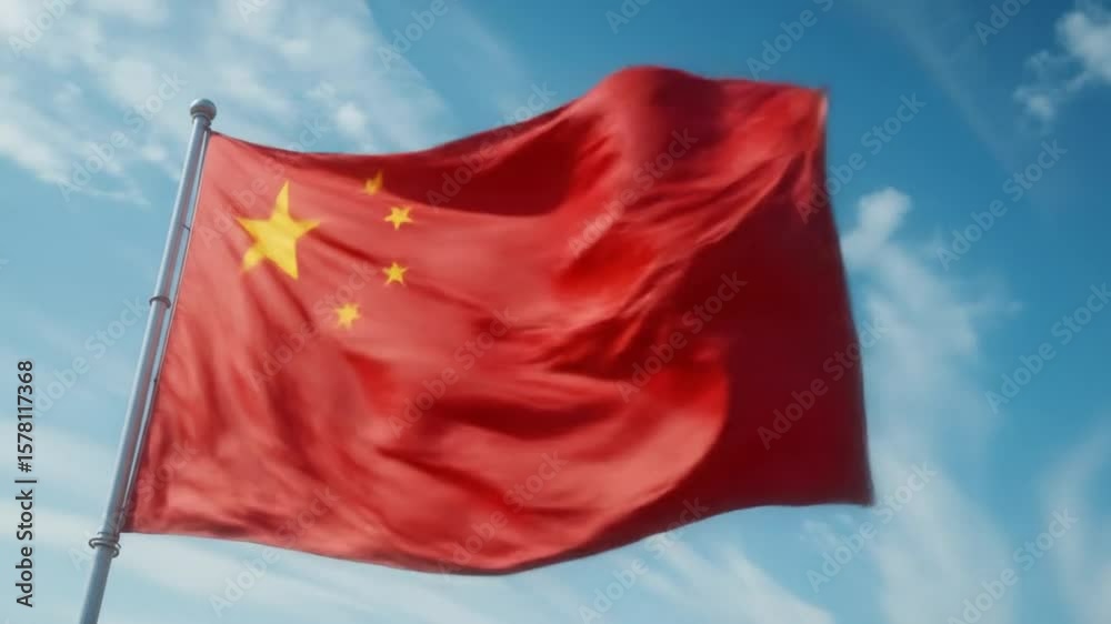 Chinese National Flag Waving in the Wind on a Bright Sunny Day with Blue Sky Backdrop