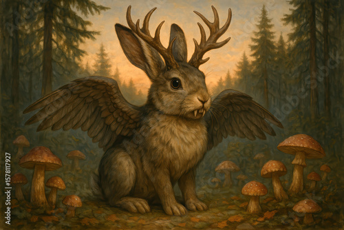 Wolpertinger from Bavarian Folklore, Winged Rabbit with Antlers in Forest at Twilight