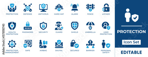 Protection Icon Set. Includes icons of shields, security, safety gear, firewalls, insurance, and privacy. Perfect for cybersecurity, healthcare, and legal use.