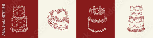 Whimsical cake set. Vintage style minimalist outline ink elegant elements. Trendy coquette line food. Hand drawn scribble isolated vector illustration. Old party birthday anniversary, wedding design