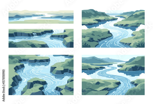 Scenic Winding River Flowing Through Lush Green Hills and Valley Landscape