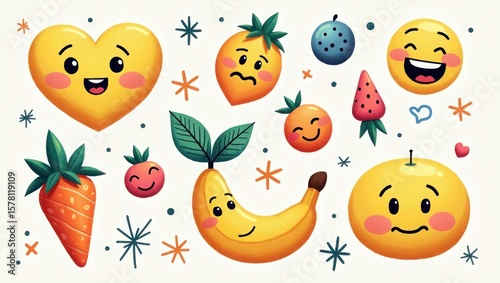 Happy Fruit Emojis Yellow Orange Banana Carrot Heart