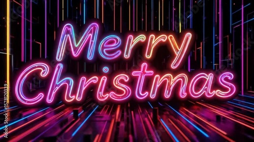 Merry Christmas Neon Sign with Colorful Lights Animation Background Video