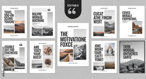 A collection of minimalist design templates with inspirational quotes and landscape imagery.
