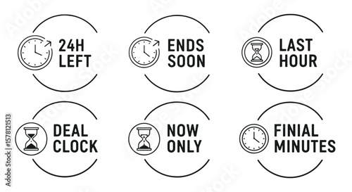 Countdown Timer Icon Set. Limited time offer labels for sale and deals. Modern thin line vector marketing badges.