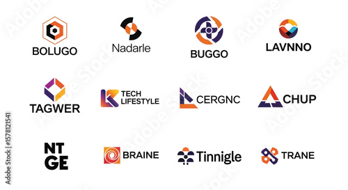 A collection of twelve abstract logo designs, each with a unique shape and color scheme, presented on a white background.