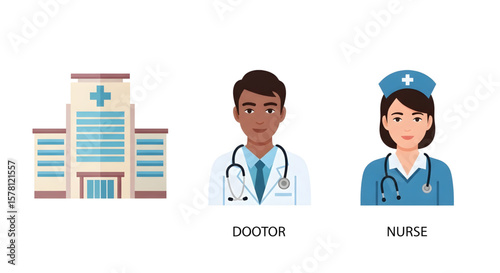 Illustration of a hospital building, a doctor, and a nurse.