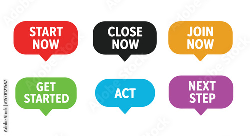 Call to Action Button Icon Set in Speech Bubbles. Modern flat vector icons for website UI, apps, and marketing.
