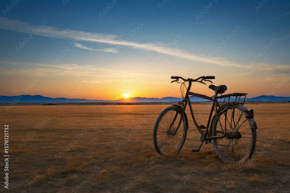 Obraz premium Vintage Bicycle Silhouette Against a Golden Sunset Landscape
