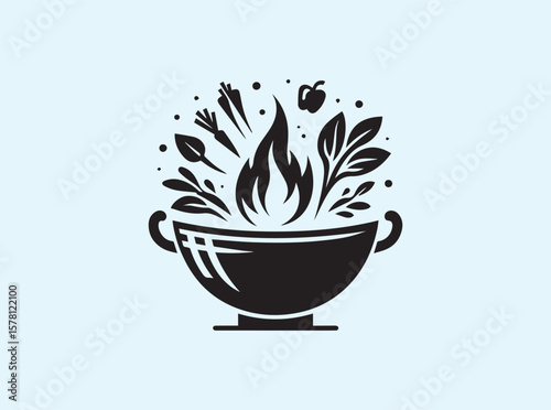Stir-fry silhouette with wok, steam, and wide handle design