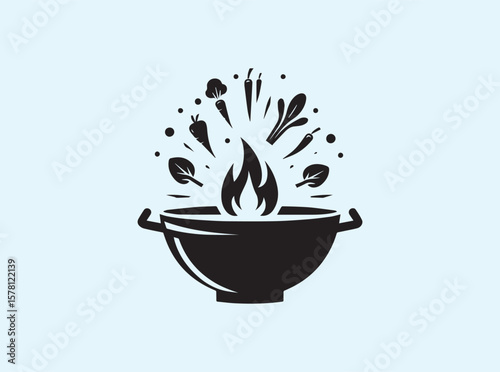 Dynamic wok icon with flames, steam trails, and vegetables silhouette