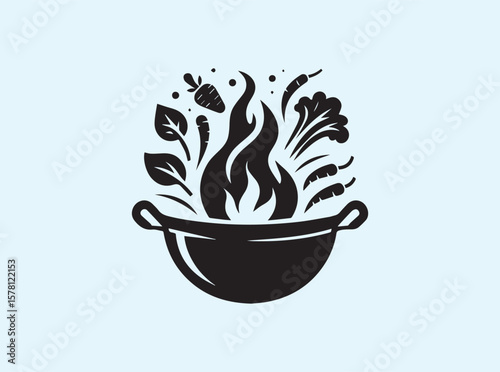 Deep pan silhouette with rising fire and cooking ingredients