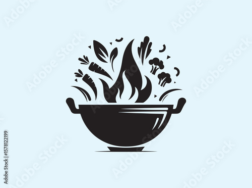 Asian cooking silhouette of wok with steam and flaming base