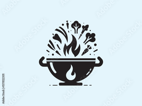 Deep wok with wide handles and rising flames in solid black silhouette
