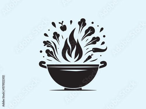Bold black wok icon with flames and stir-fry vegetables silhouette