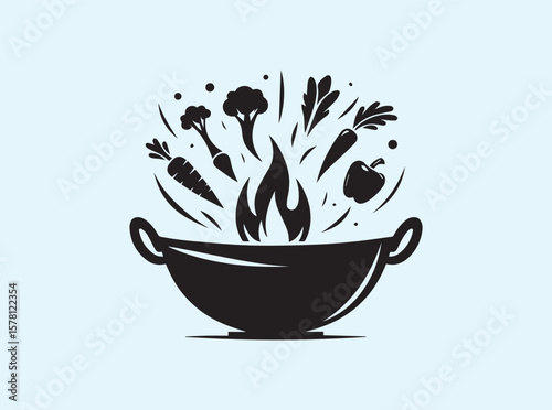 Stylized silhouette of wok with fire, steam, and tossed vegetables