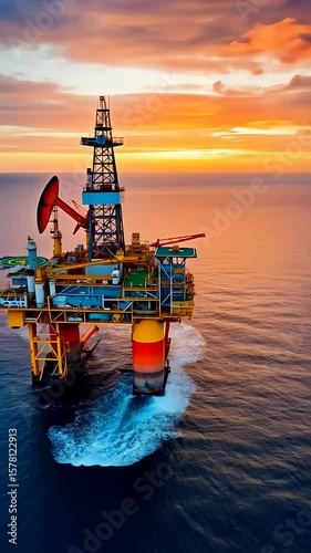 An offshore oil rig against a vibrant sunset sky and calm ocean waters.