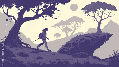 Serene Purple Landscape: Silhouette of a Backpacker Hiking a Mountain Trail at Dusk