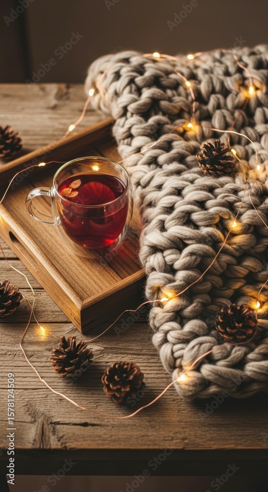 Fototapeta premium Warm Tea on Wooden Tray with Blanket and Lights