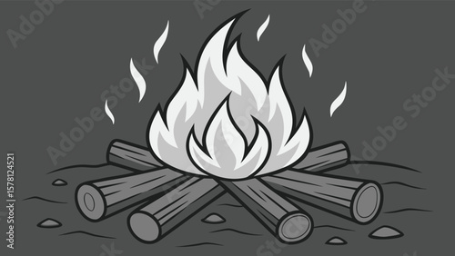 Monochromatic illustration of a campfire:  rustic, cozy, and evocative of wilderness adventure.