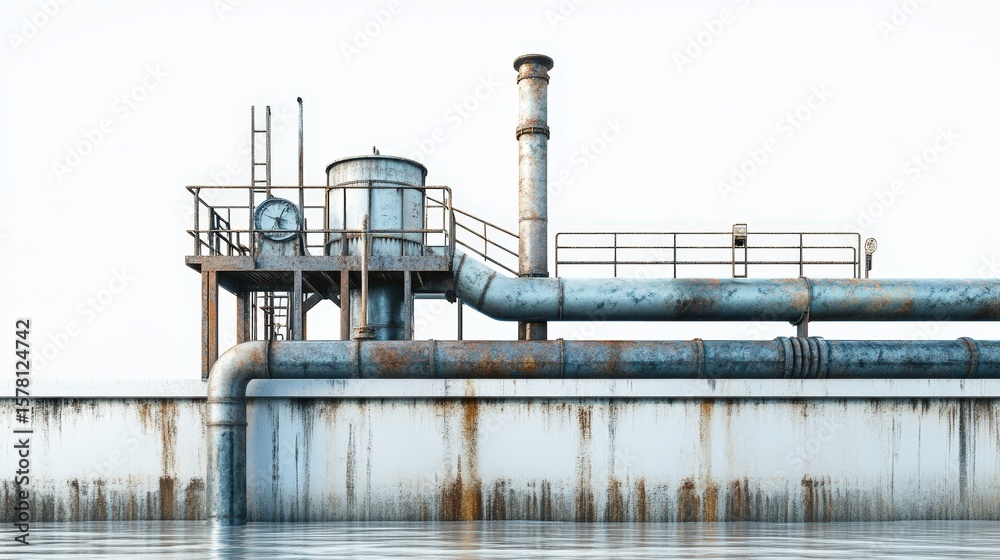 Obraz premium Rusted Industrial Pipes and Structures Against a White Background