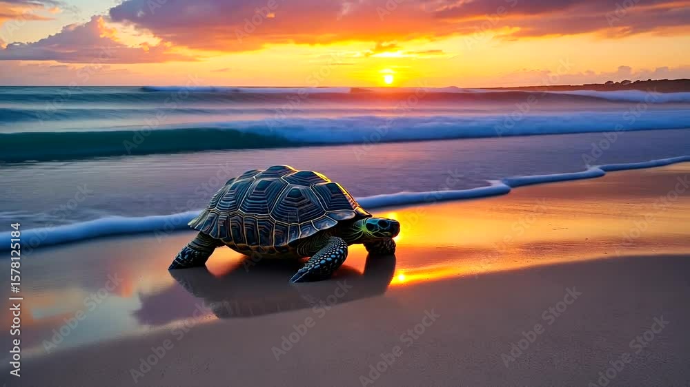 A serene sea turtle emerges onto a sandy beach at sunset, waves gently lapping at its shell