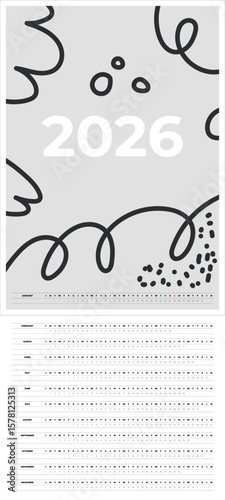 Vertical agenda organizer page with line art illustration. Vector editable A4, A3, A2, A1 template for classic monthly calendar for New Year 2026. Annual calendar planner. Week starts on Sunday