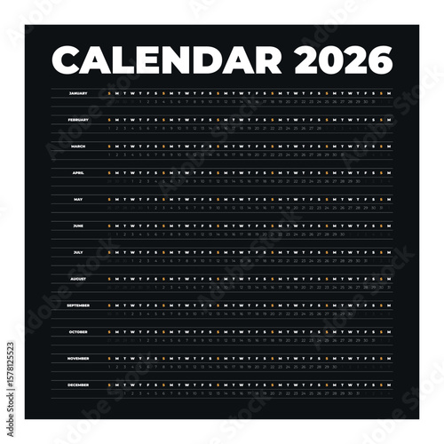 White text on black page. Square simple linear annual english calendar planner. Printable agenda organizer with week starts on Sunday. New Year 2026. Schedule template with months. Vector illustration