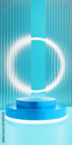 3D Blue Podium Display with Neon Ring and Gradient Backdrop
