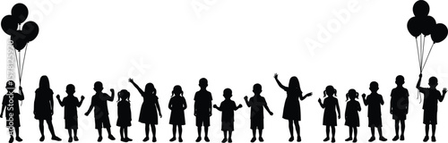 Silhouette of children holding balloons, standing together, playing, having fun, outdoor gathering, unity, celebration, happy kids, joyful moment, group activity.