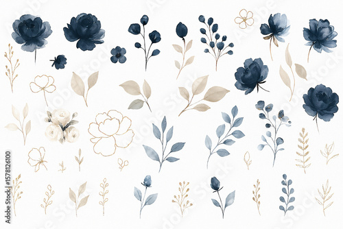 Set of watercolor arrangements featuring garden roses — a collection of pink flowers, leaves, and branches. Botanical illustrations isolated on a white background.
