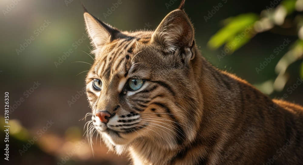 Fototapeta premium Close up side profile of a wild bobcat with piercing blue eyes and speckled fur in soft natural light