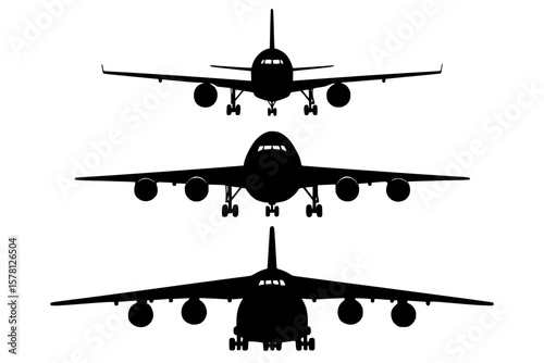 Silhouettes of Airplanes in Flight, Black Color Isolated on White Background