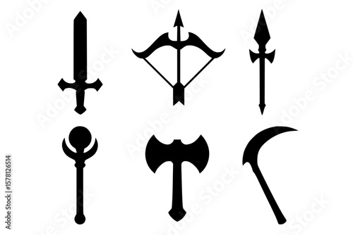 Silhouettes of Various Weapons Isolated on White Background