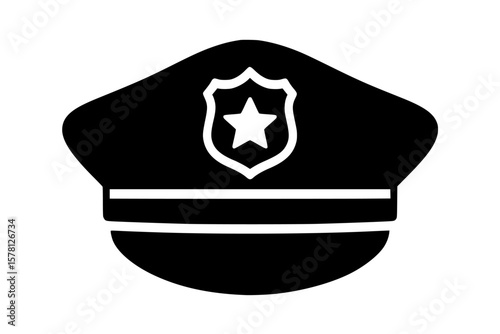 Silhouette of a police hat with badge, black color isolated on white background