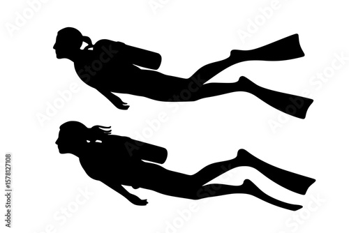 Silhouettes of divers underwater, black color isolated on white background