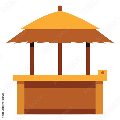 Wooden beach bar counter with thatched roof on transparent 