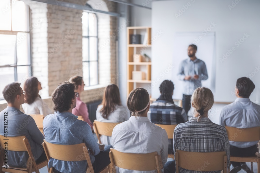 Obraz premium Diverse audience attentively watching a presenter in a modern training session