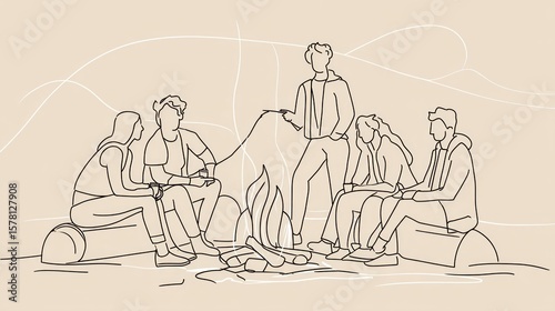 Group of people gathered around a campfire in nature.  Simple line drawing