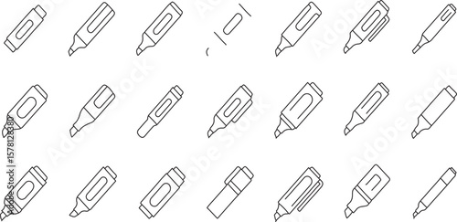 A series of minimalist outline icons, each depicting a dry-erase marker from various angles and with different cap positions, suitable for education, office, or presentation themes.