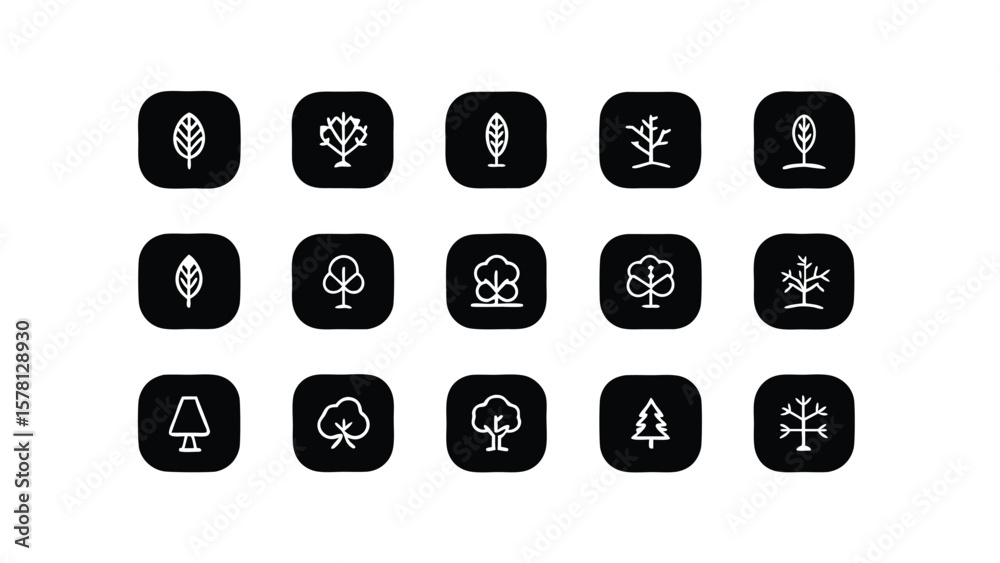 Set of tree icons in minimalist style on black rounded squares