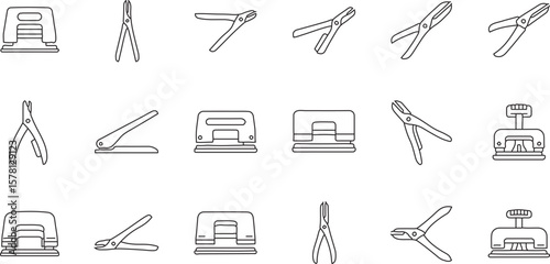 A comprehensive set of minimalist outline icons, each depicting various types of hole punches and pliers, suitable for office, school, or crafting themes.