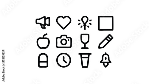 Collection of Minimalist Black and White Line Art Icons for Diverse Applications